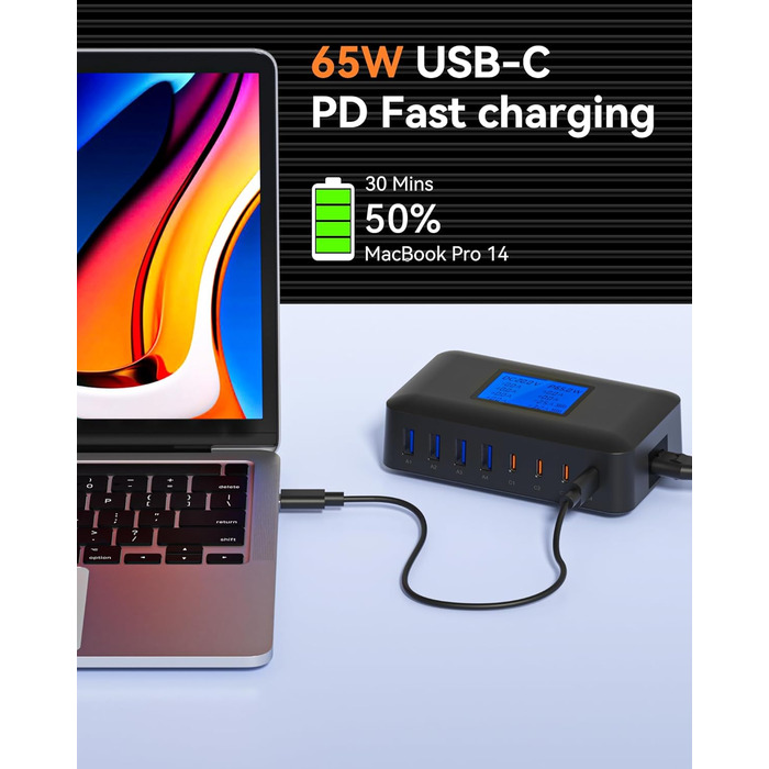 Зарядний пристрій USB C 200W, 8 портів, PD 65W з LCD дисплеєм для MacBook, iPad, iPhone 16/15/14/13 Pro/Max, Samsung S24/S23 – Чорний