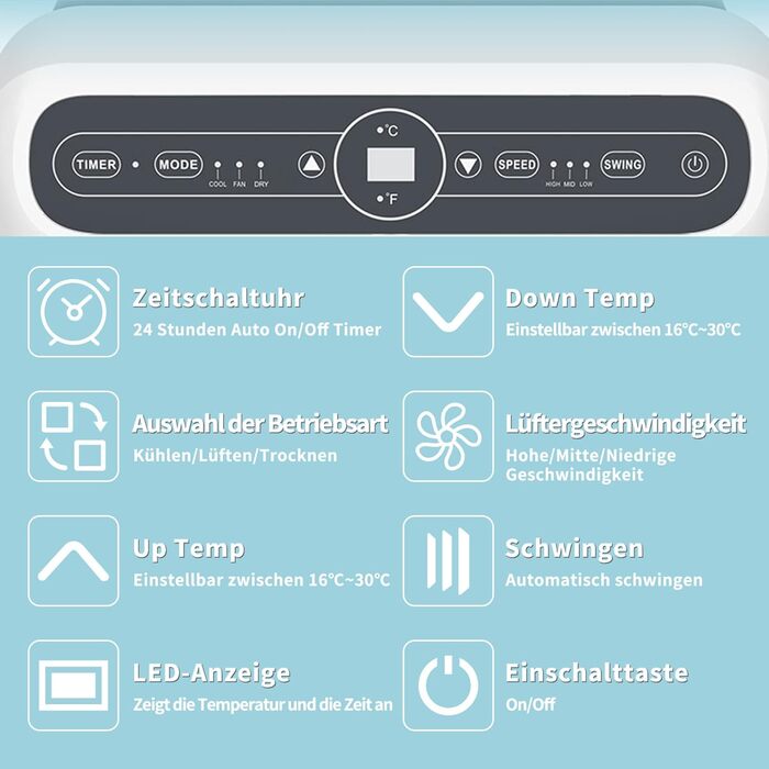 Мобільний кондиціонер SHINCO 12000 BTU (3,5 кВт) з виносним шлангом, охолодження, вентиляція, осушення, для приміщень до 90 м³, білий