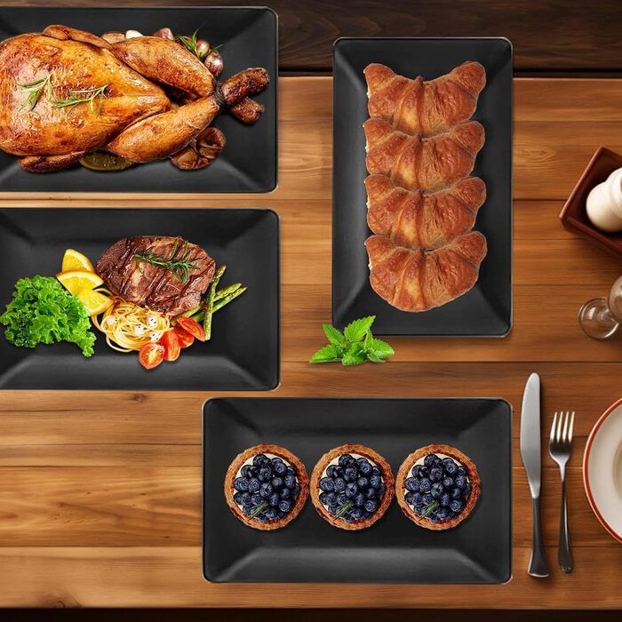 Teller Rechteckig: Сервірна тарілка прямокутна, чорна, для закусок, десертів, суші, салатів, фруктів, антипасті (9615-4)