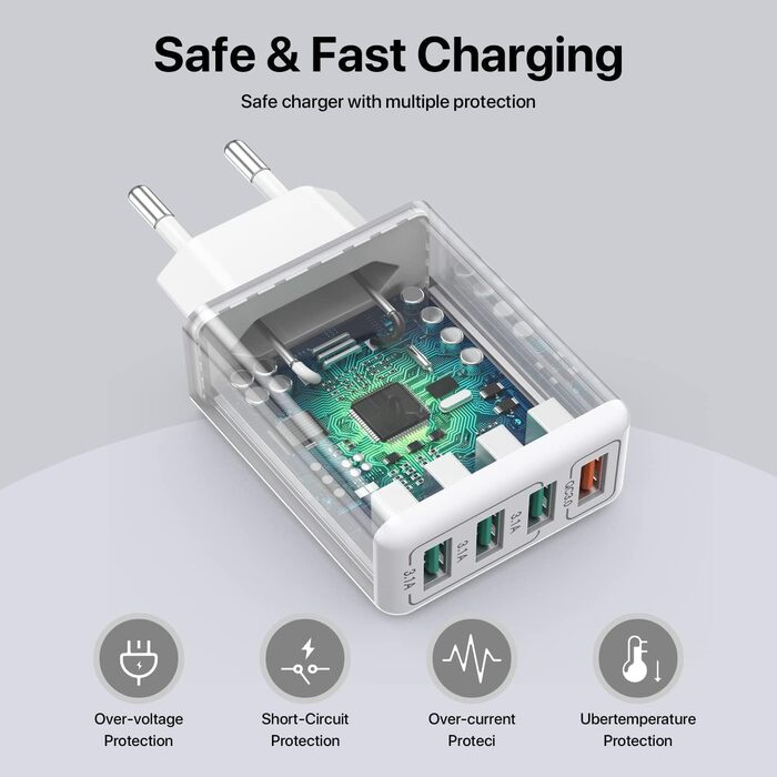 Блок зарядного пристрою USB C 40W з 4 портами, швидка зарядка PD+QC, для iPhone, Samsung, Tablet, білий (сірий)