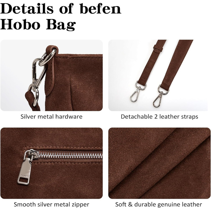 Жіноча сумка-шопер Befen з натуральної шкіри, м'яка сумка-хобо через плече, середній розмір з 2 ремінцями - класична елегантна (Коричнева замша)