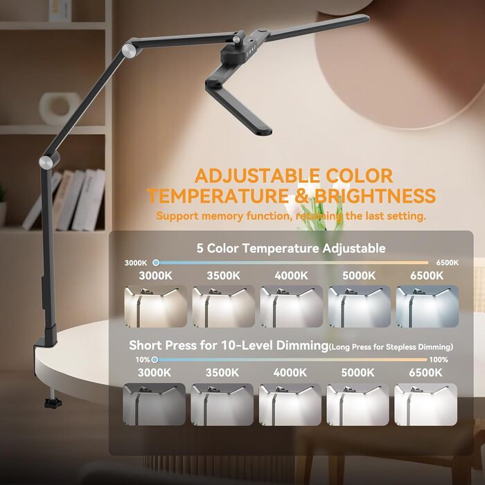 LED лампа для столу Rigors 60 см з двома головками, диммування, 900 лм, денне світло, захист очей, кріплення, 5 кольорів, 10 рівнів яскравості, гнучкий шийка 360°, з адаптером живлення (Th-black)