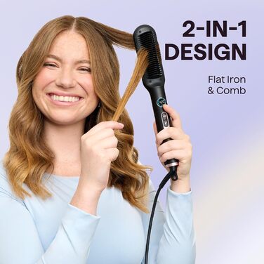 Wavytalk Glättbürсте - Іонна щітка-випрямляч 2 в 1 з LED-дисплеєм. Керамічний випрямляч для волосся з захистом від опіків, для дому та салону. Подвійна напруга (100–240V), EU-штекер, Чорний