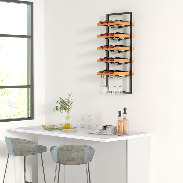 HOMCOM Wall-Mounted Wine Rack with 5 Tiers, Stackable Wine Bottle Holder, Wine Stand for 15 Bottles and 4 Glasses, Pine Wood, Steel, for Kitchen, Dining Room, Bar, Brown | Aosom