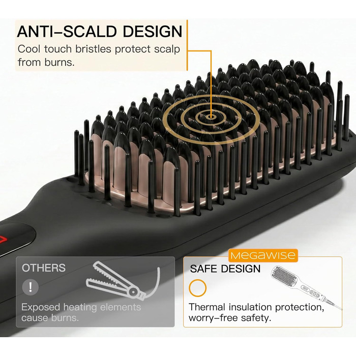 Плойка-щітка Megawise Pro Keramik з іонами - швидкий нагрів, захист від опіків, подвійна напруга, для домашнього використання (чорна)