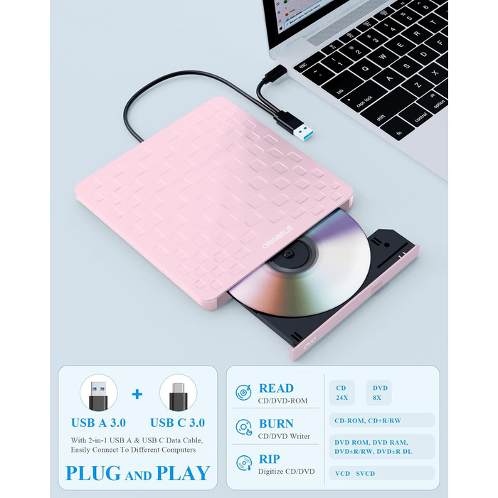 Зовнішній DVD-привід ORIGBELIE: CD/DVD-бредер з 4 USB та 2 TF/SD слотами, ультратонкий оптичний накопичувач для ноутбука, PC, Mac, Windows 11/10/8/7, Linux