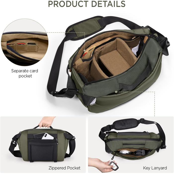 Сумка для камери TAAOKA: DSLR/SLR/беззеркальні камери, водонепроникна, з кріпленням для штатива, Crossbody (Темний зелений)