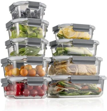 Набір контейнерів для зберігання продуктів Glas, 18 шт. (9 контейнерів, 9 кришок) - безпечні для миття в посудомийній машині, мікрохвильовій печі та морозильній камері, без BPA, сірий