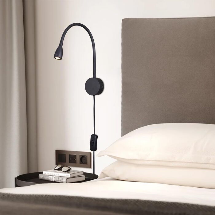 Світлодіодний настінний світильник для читання 3W теплий білий 3000K чорний, з вимикачем на шнурі