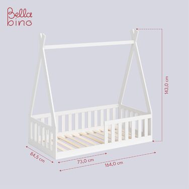 Bellabino Tajo Tipi Bed Base for Children 70x140 cm, House Bed made of Solid Pine Wood with Fall Protection/Fence and Slatted Frame in White for Children from 3 Years 70 x 140 cm White