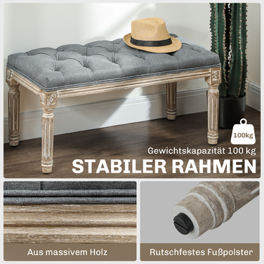 HOMCOM Upholstered Bench Gray Vintage Style Bench with Button Tufting from Rubber Wood & Linen 142x47x51cm for Dining Room & Entryway