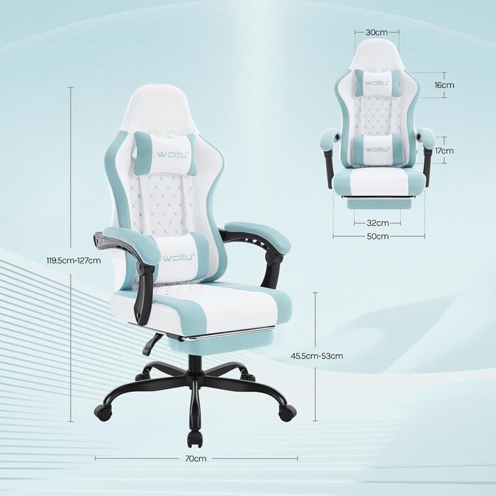 WOLTU Gaming Chair with Massage Function, Computer Chair with Pocket Spring Cushion, Ergonomic Gamer Recliner, Swivel Chair with Headrest, Lumbar Pillow, Footrest, Mesh Fabric, White+Blue, GS15bws White+blue Mesh Fabric