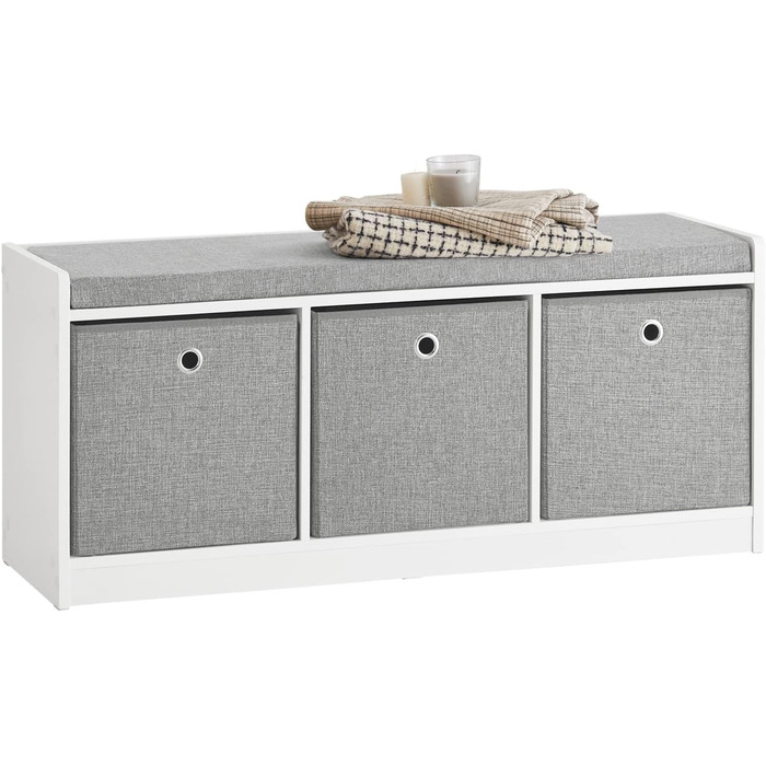 SoBuy FSR65-DG Storage Ottoman Bench, Shoe Bench with Seating Area, Shoe Chest with 3 Gray Baskets, White, WxDxH approx.: 102x45x32cm, 3 Baskets White