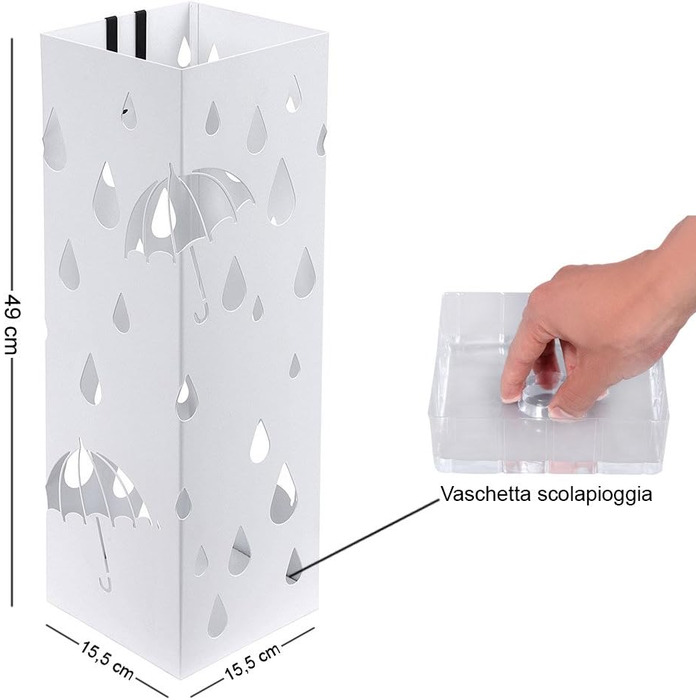 Bakaji Metal Umbrella Stand with Water Tray - White, Square Design, 49x15.5x15.5cm