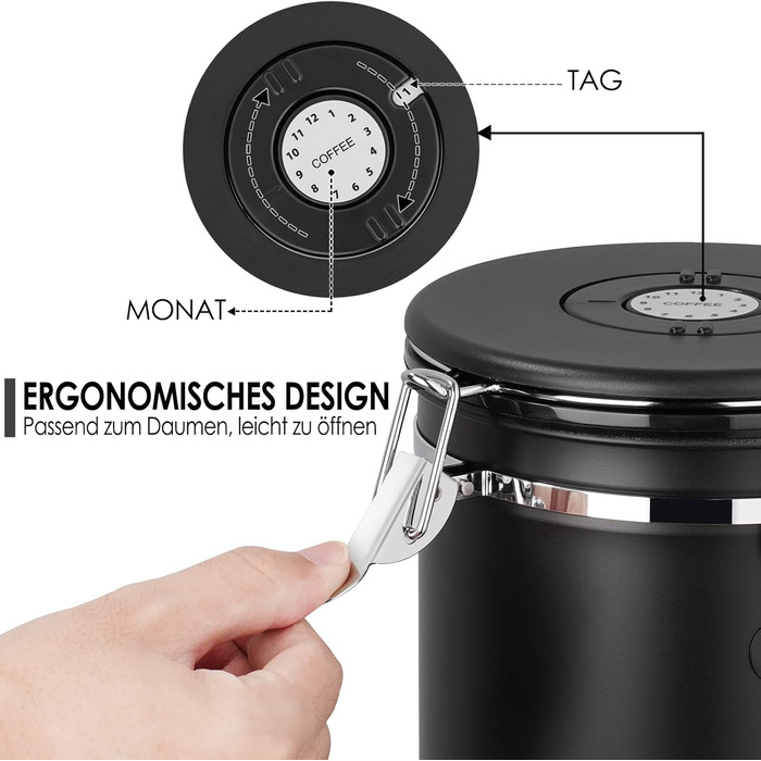 Герметичний контейнер для кави з нержавіючої сталі, 2.8 л, з CO2-клапаном, мірною ложкою та індикатором дати (для кави, горіхів, чаю, какао)