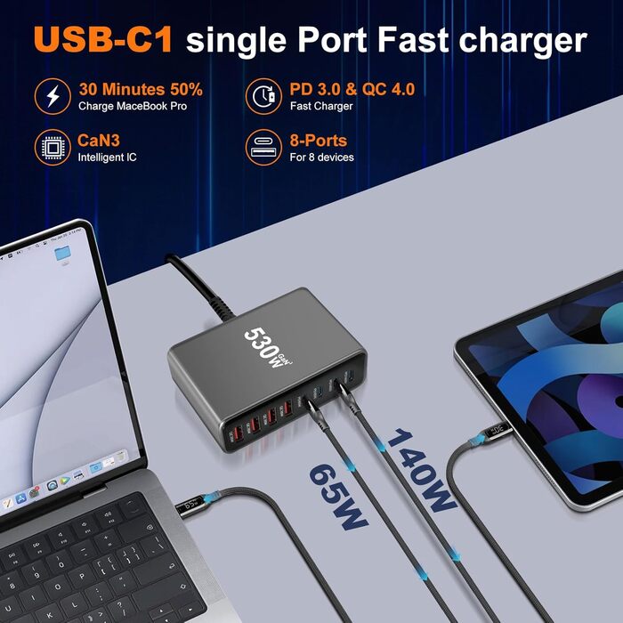Зарядний пристрій USB-C 435W, 6 портів: для MacBook Pro/Air, iPad Pro/Air, Samsung та інших – чорний
