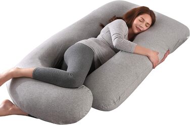 Mingfuxin Pregnancy Pillow, Large J-Shaped Full-Body Maternity Pillow with Removable Velvet Cover for Sleeping and Feeding (Knitted Cotton | Light Grey)