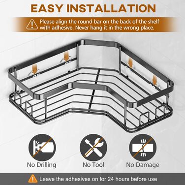 MAXIFFE Дзеркальна поличка для душу з 8 гачками, набір 3 шт, самоклеюча, чорна