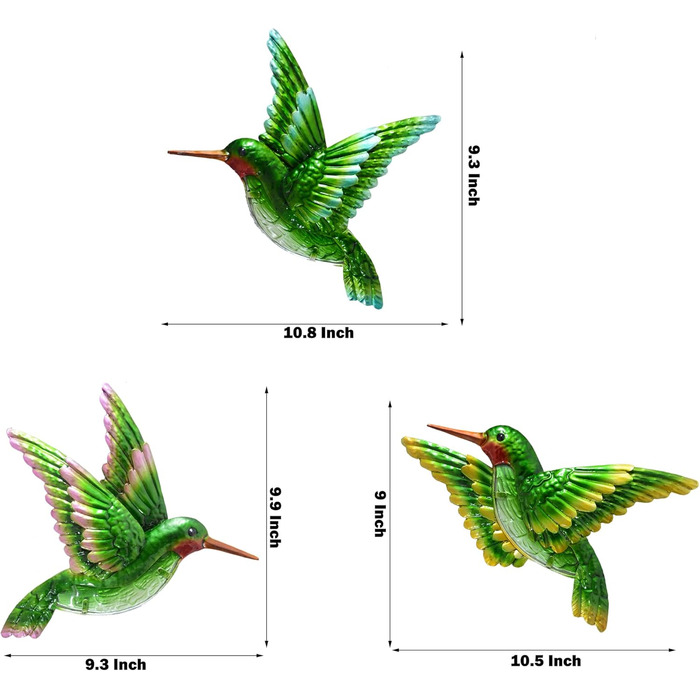 J-Fly Metal Glass Hummingbird Wall Decor 3D Hummingbird Design Hand-Painted Living Room Glass Wall Art Outdoor Patio Hanging Home Bedroom Garden Terrace Veranda or Fence Green 25.4 cm