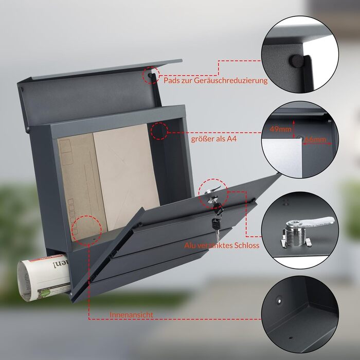 Поштовий ящик Monzana XXL з газетницею, оглядовим вікном, замком (2 ключі), сталь, антрацит. Легкий монтаж