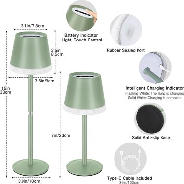 Світлодіодний настільний світильник OUTON з акумулятором, USB-C, 3 режими світла, димування, зелений - 2 шт.