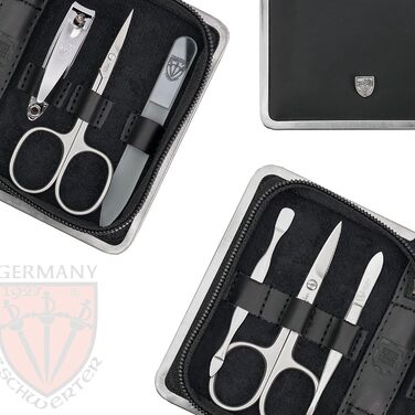 Набір для манікюру та педикюру DREI SCHWERTER 'Ferrara' 6 предметів, німецька якість, чорна шкіра | Манікюрний набір, шкіряний чохол, 6 предметів: ножиці для нігтів, ножиці для кутикули, кусачки, скляна пилка, засіб для очищення нігтів, пінцет