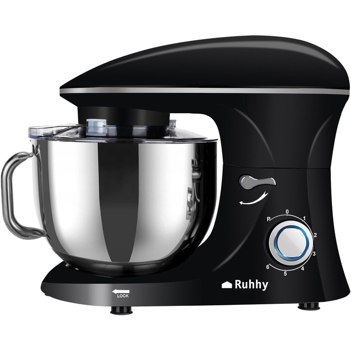 Stand mixer with bowl for cakes and bread with baking accessories. Various models also include a meat grinder and blender. 16746