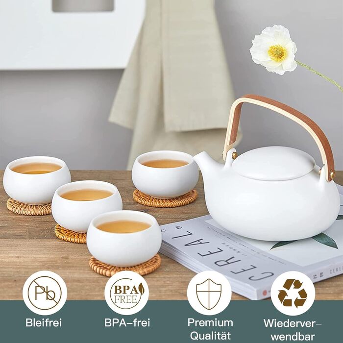 ZENS Modern Japanese Teapot, 800ml Matte White Ceramic Teapot with Infuser, Wooden Handle Small Japanese Teapot for Loose Leaf Tea, White Tea, Green Tea Steeper, Gift for Tea Lovers (09-weiß Teeservice-4 Tassen)