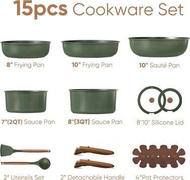 Набір посуду Carote 18 предметів темно-зеленого кольору з керамічним антипригарним покриттям для індукційних плит, знімні ручки, безпечний (PFOA-free), термостійкий, компактне зберігання