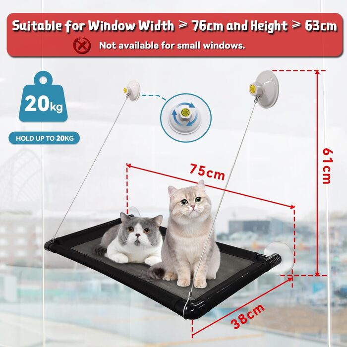 Кішка-гамак для вікна Dracarys | для великих котів до 20 кг | Посилений гамак з міцним присоском | Ліжко для засмаги кота, ліжко для домашніх тварин, підходить для вікон довжиною ≥76 см та висотою ≥64 см, розмір L-68*38*58 см