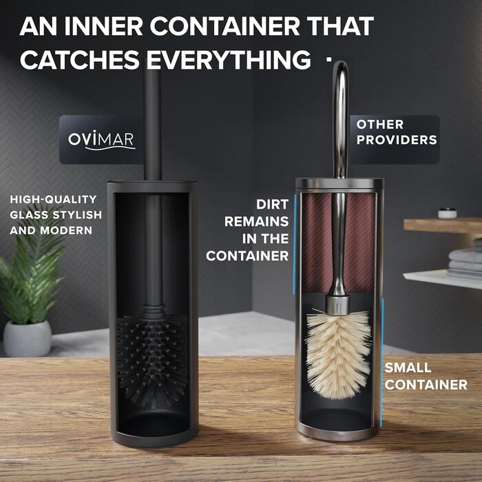 Набір для чищення унітазу Ingoy | Силіконова щітка для унітазу | Чорний | з нержавіючої сталі з кришкою | для ванної кімнати та гостьового туалету | знімний насадка | стильний дизайн