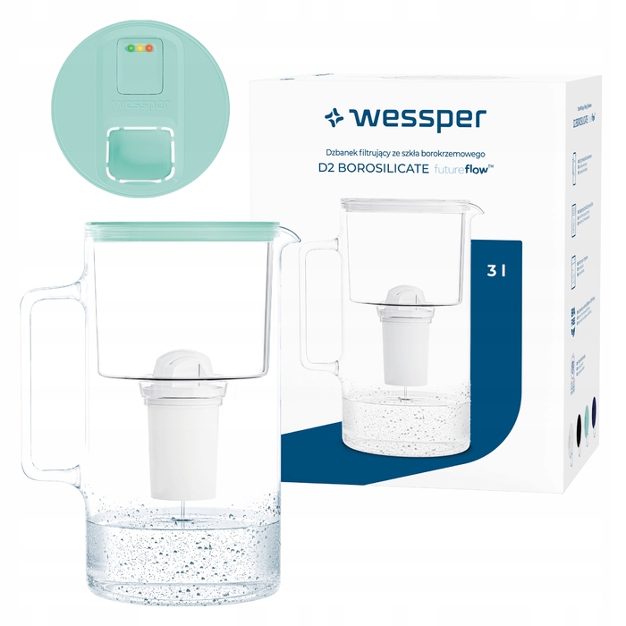 Скляний фільтраційний глечик Wessper D2 BOROSILICATE FF 3л, м'ятний + фільтр