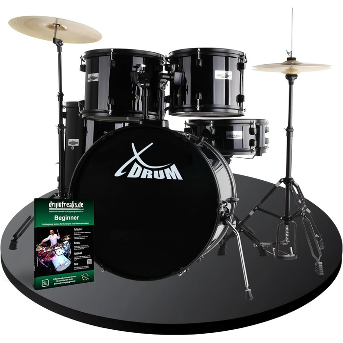 XDrum Rookie 20' Комплект барабанів для студії Black - Ідеальний для початківців - Стильне чорне обладнання - З паличками, інструкцією та школою барабанщиків