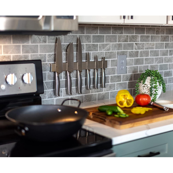 Improved 50cm Trhillsbrad Magnetic Knife Strip, 50cm Magnetic Knife Holder with 3 Hooks Stainless Steel Knife Rail Self-Adhesive, Silver Wall Mount Magnetic Strip No Drilling Knife Holder