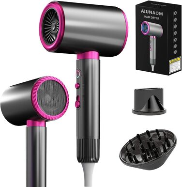 Іонізатор для волосся 2400W з кнопками холодного/гарячого повітря, 3 швидкості, 2 насадки (концентратор + дифузор), тихий фен для дому та подорожей