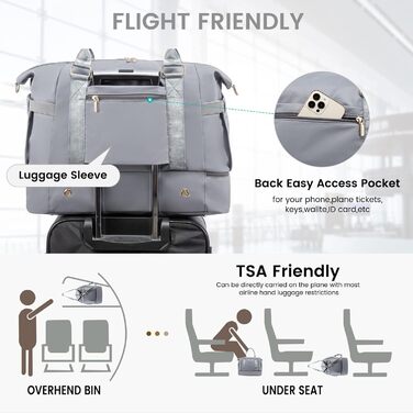 Спортивна сумка LOVEVOOK для подорожей, жіноча дорожня сумка-мішок, Weekender з косметичкою, відділенням для взуття та мокрих речей, водонепроникна, 37L, сіра