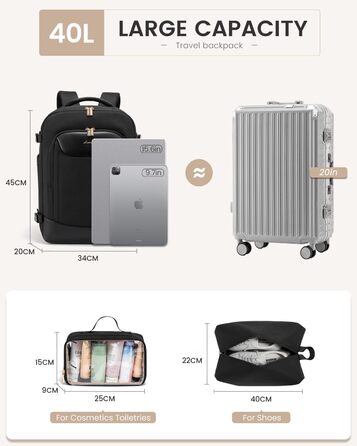 Чорний жіночий рюкзак OVEVOOK для подорожей та ділових поїздок, 40л, з відділенням для ноутбука, водонепроникний