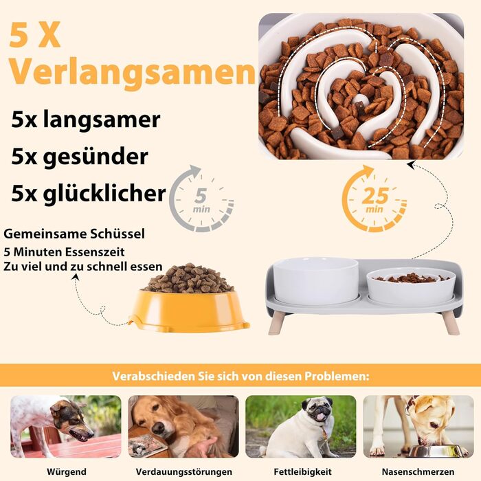 Набір мисок для собак з кераміки, піднятий на платформі: миска для повільного годування, набір з двох мисок для маленьких та середніх собак, годівниця та поїлка з антиковзним підставкою, колір - білий