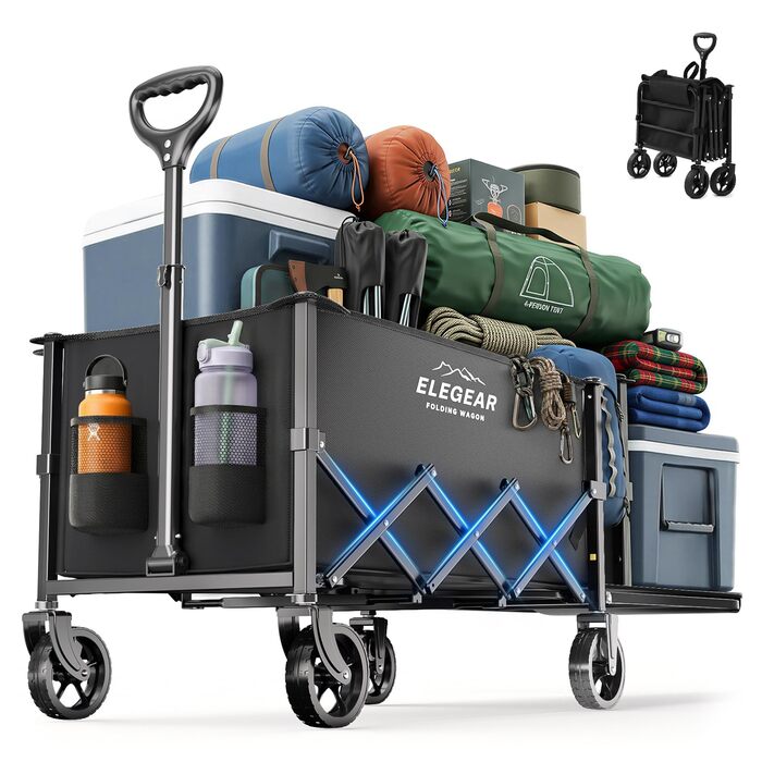 Візок пляжний Elegear складний 140л, вантажопідйомність 150кг, з гальмами, 2 тримачі для напоїв, 2 бічні кишені, чорний - для саду, пляжу, кемпінгу