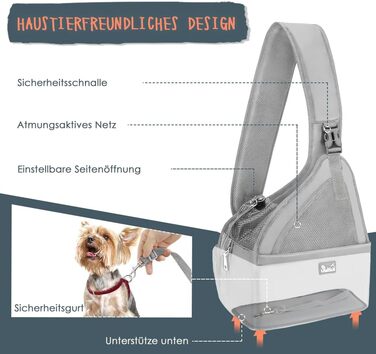 Dog-friendly sling carriers, hands-free travel bag for small pets with adjustable straps, hardboard base, safety belt, for dogs up to 2.8kg, wider version, gray