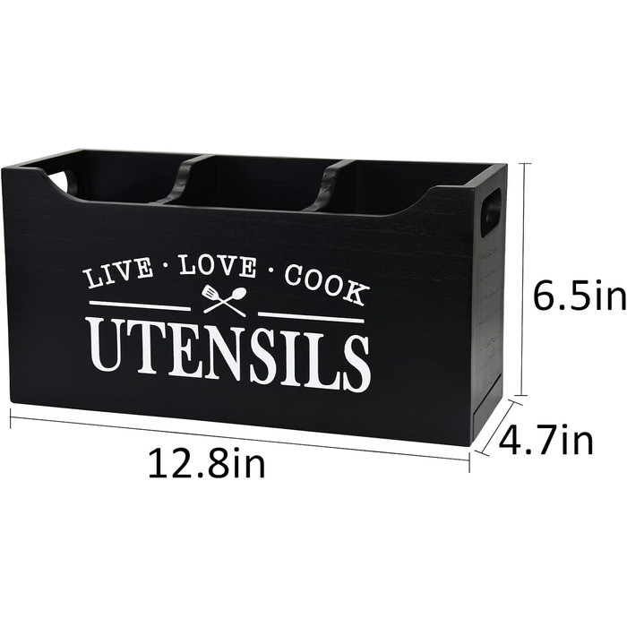 Karisky Kitchen Utensil Holder with Drainage Bottom, Large 3-Compartment Solid Real Wood Utensil Organizer for Countertops, Cooking Tools for Farmhouses for Worktops (Black)