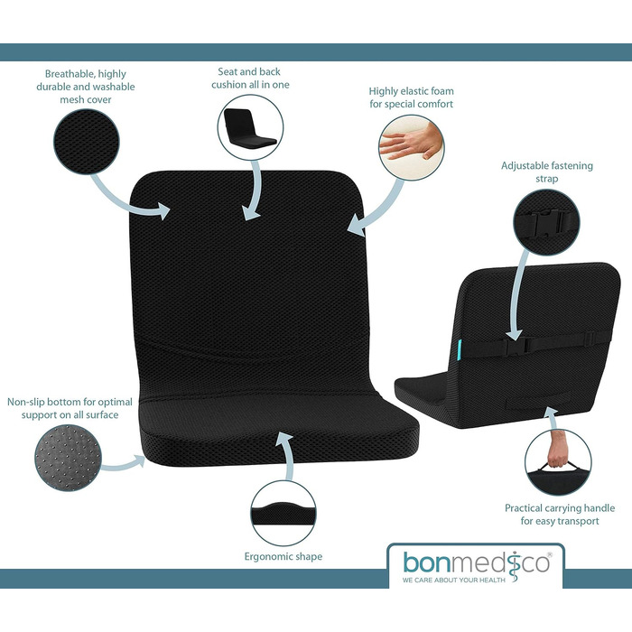 Подушка ортопедична Bonmedico 2-в-1 для сидіння та спини з піни з ефектом пам'яті, ергономічна підтримка попереку для офісного крісла, авто та дому, чорна 40x43x44 см