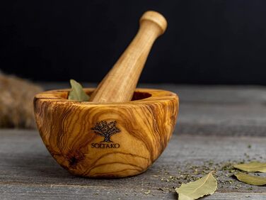 SOLTAKO набір ступки та товкача 'The Sicilian Mortar', оливкове дерево, діаметр 12 см (плоский, 14 см), для спецій і трав, преміум якість