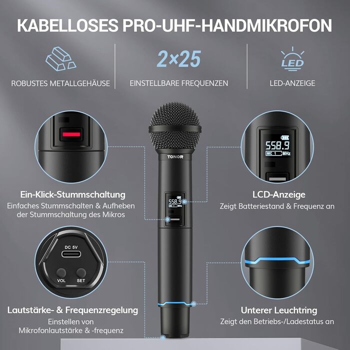 TONOR TW720 Бездротовий мікрофон Bluetooth з металевим корпусом, UHF, 100м, 2 шт. для караоке, вечірок, конференцій