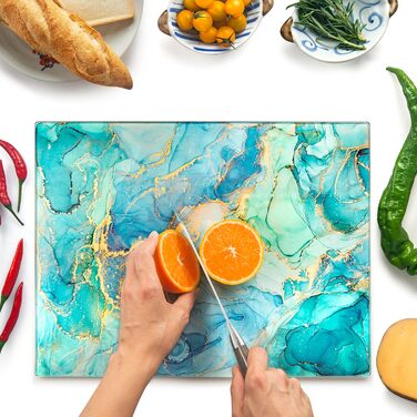 Скляна дошка для нарізання 40x30 см – гігієнічна скляна дошка з термостійкого скла, стійка до подряпин та ковзання – скляна плита для кухні, чорна поверхня під мармур (дизайн 09, 40L x 30B см)