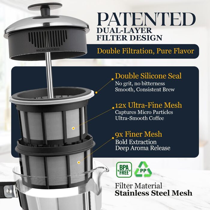 ESPRO P5 French Press: Френч-прес з подвійним мікрофільтром, 950 мл, Borosilikatglas