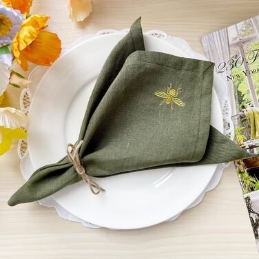 DerF HOME Cloth Napkins, 100% Pure Linen, Embroidered, 18 x 18 inches (45.7 x 45.7 cm), Moss Green, Handcrafted from Flax, Machine Washable, Soft and Durable, Set of 10