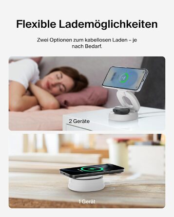 Бездротова зарядна станція 2-в-1 Belkin BoostCharge Qi2 15W MagSafe для iPhone 17, AirPods, Pixel, біла (з адаптером 30 Вт)
