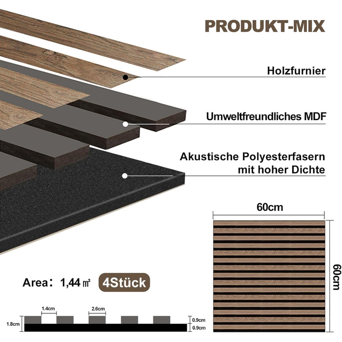 Акустичні 3D-панелі з дерева AKK-PANE (60x60 см, 4 шт, 1.44м²) для стін у вітальню, офіс та кухню, звукопоглинаючі еко-панелі, колір: копчений дуб 5#