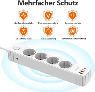 Мережевий фільтр 4 розетки з 2 USB-A та 2 USB-C (PD20W), захист від перенапруги, вимикач, 2м кабель, для дому/офісу, білий